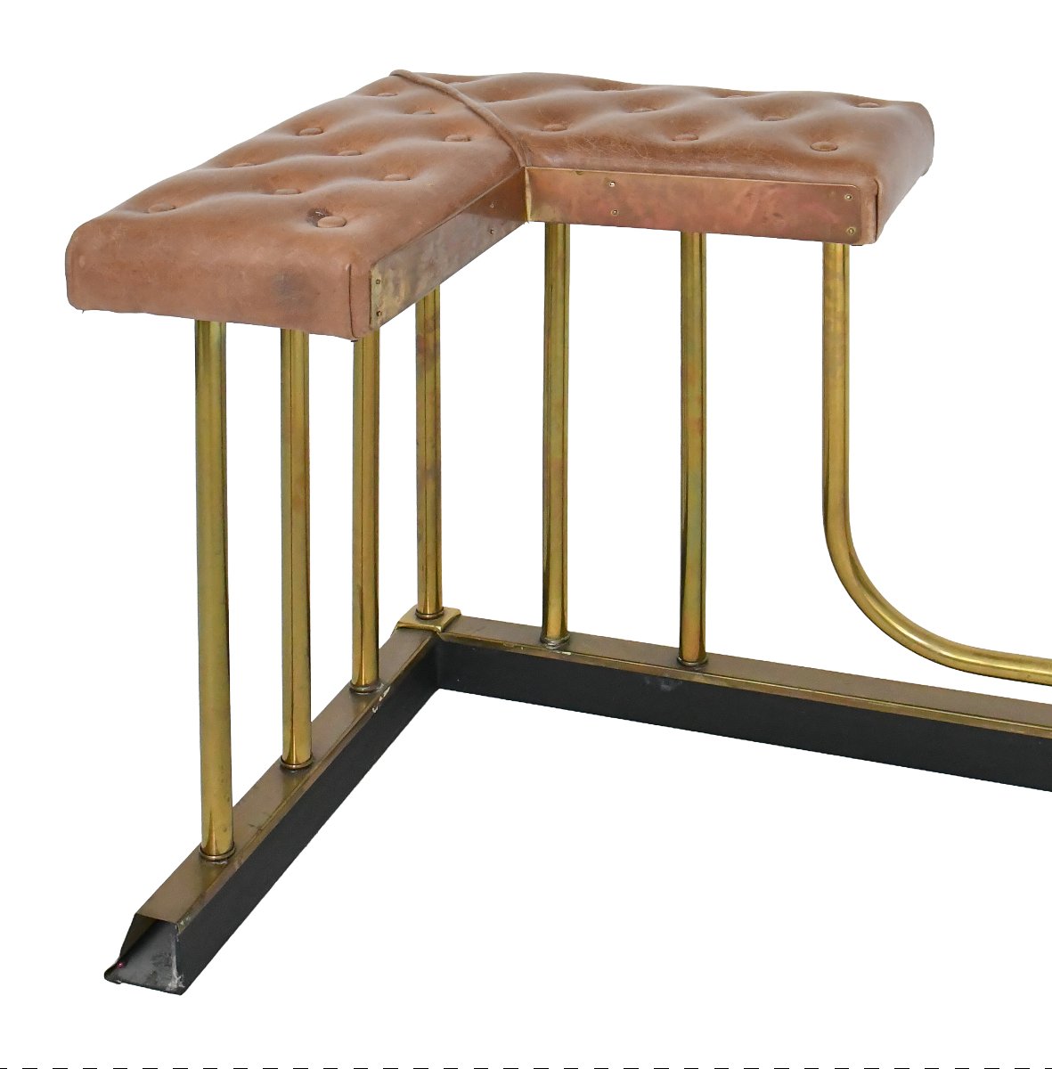 Double-seater Fireplace Bench In Gold-plated Brass With Tufted Leather Upholstery -photo-6