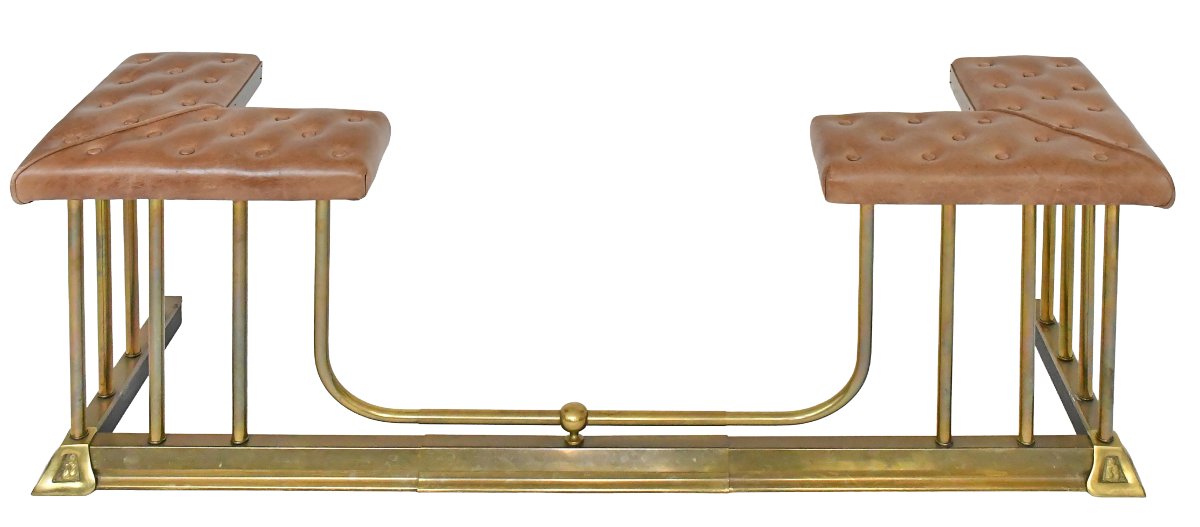 Double-seater Fireplace Bench In Gold-plated Brass With Tufted Leather Upholstery 