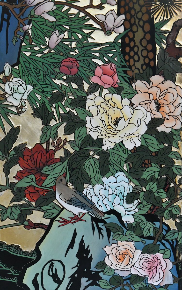 Important paravent à 8 feuilles en laque à fond or orné de fleurs et d'oiseaux -photo-4
