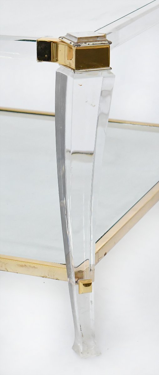 Table basse à deux niveaux en lucite (altuglas) et métal doré  -photo-2
