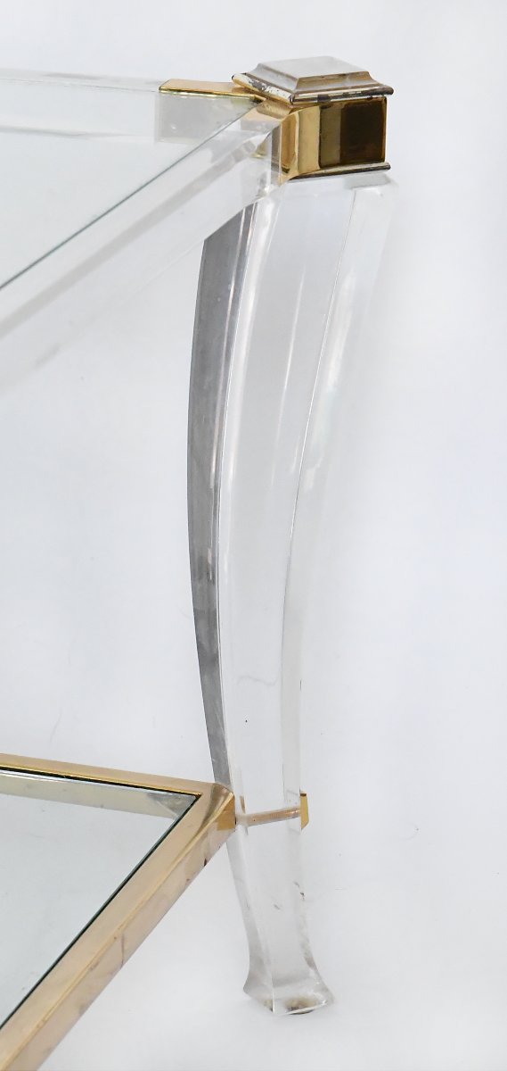 Table basse à deux niveaux en lucite (altuglas) et métal doré  -photo-3