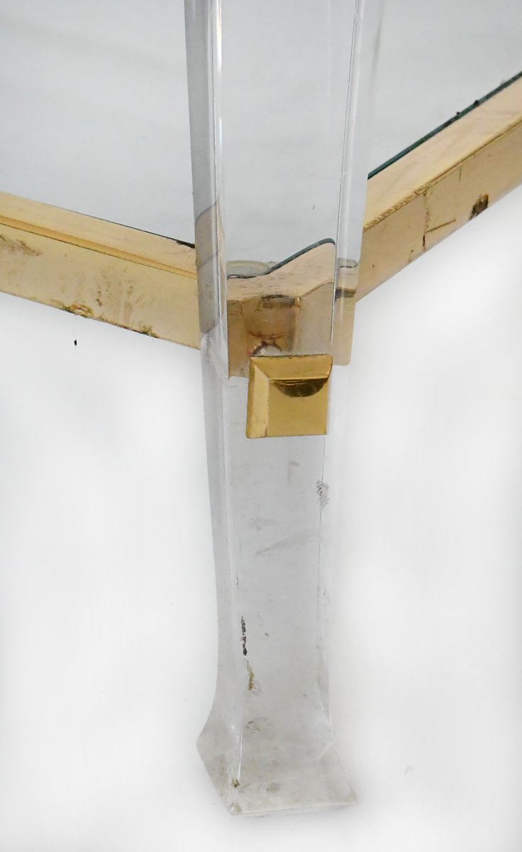 Table basse à deux niveaux en lucite (altuglas) et métal doré  -photo-2