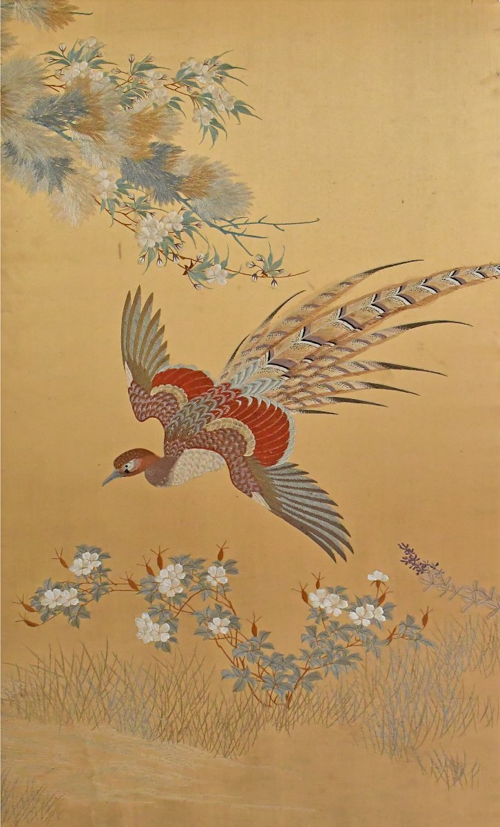  Japanese Folding Screen Featuring A Silk Panel Embroidered With A Landscape Scene Featuring Birds-photo-2
