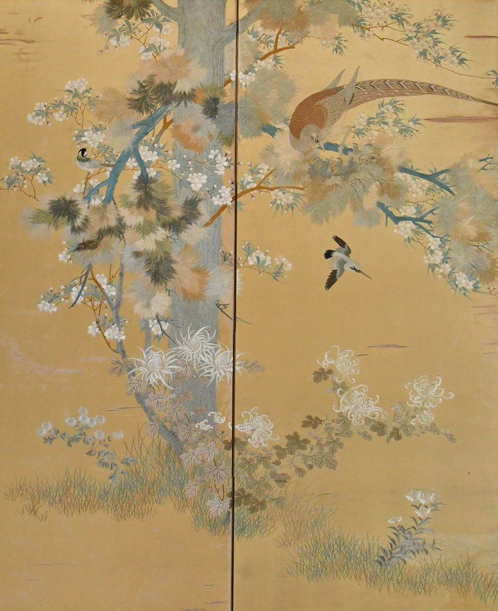  Japanese Folding Screen Featuring A Silk Panel Embroidered With A Landscape Scene Featuring Birds-photo-3