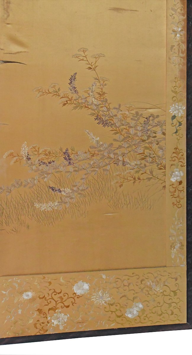  Japanese Folding Screen Featuring A Silk Panel Embroidered With A Landscape Scene Featuring Birds-photo-2