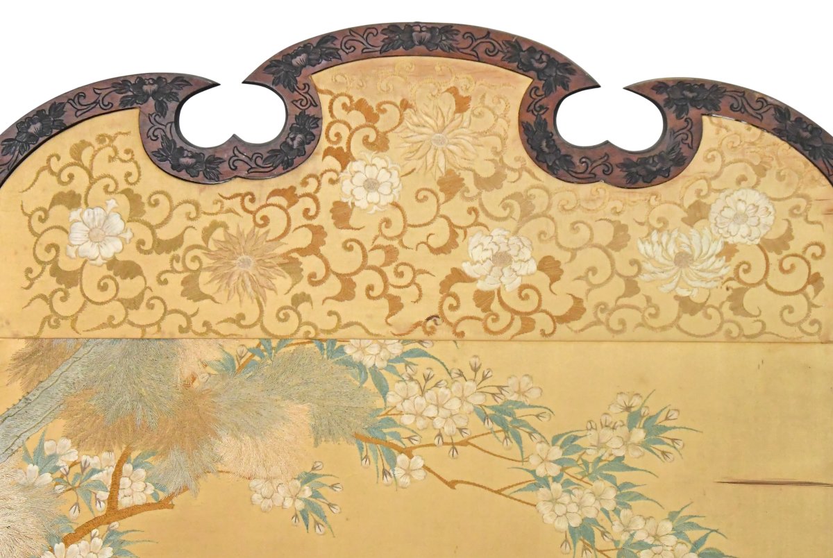  Japanese Folding Screen Featuring A Silk Panel Embroidered With A Landscape Scene Featuring Birds-photo-3
