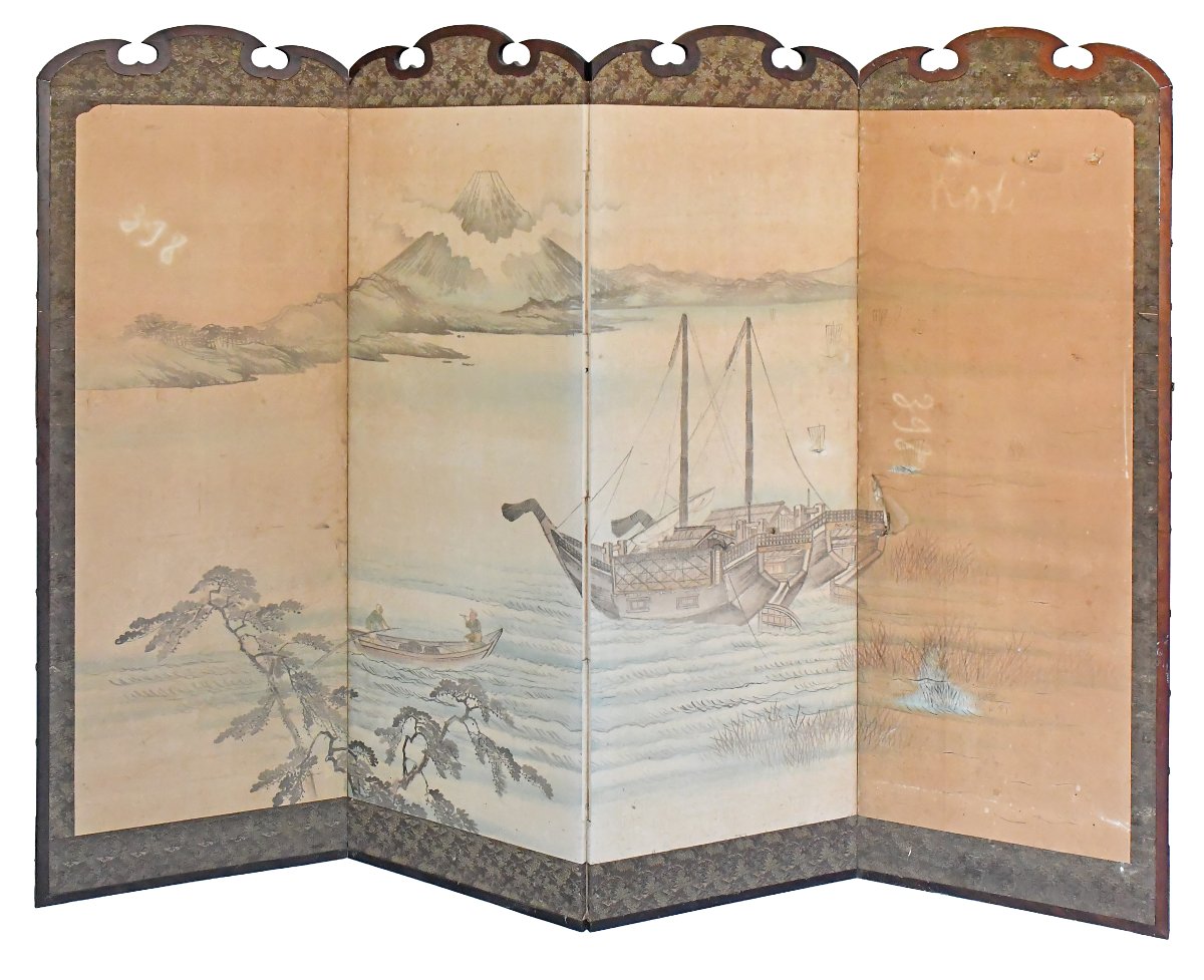  Japanese Folding Screen Featuring A Silk Panel Embroidered With A Landscape Scene Featuring Birds-photo-4