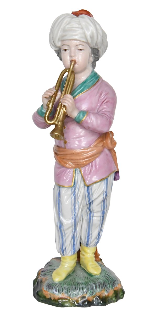 Statuette en porcelaine de Höchst Passau, jouer de la trompette de la série L'orchestre turc