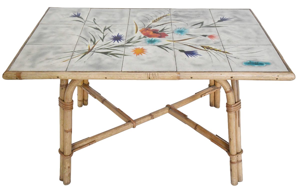 Audoux Minnet-style Coffee Table In Rattan And Ceramic By Georges Chassin  -photo-1