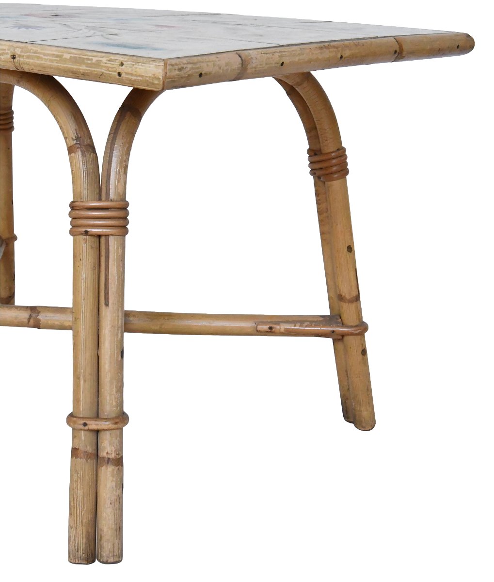 Audoux Minnet-style Coffee Table In Rattan And Ceramic By Georges Chassin  -photo-3