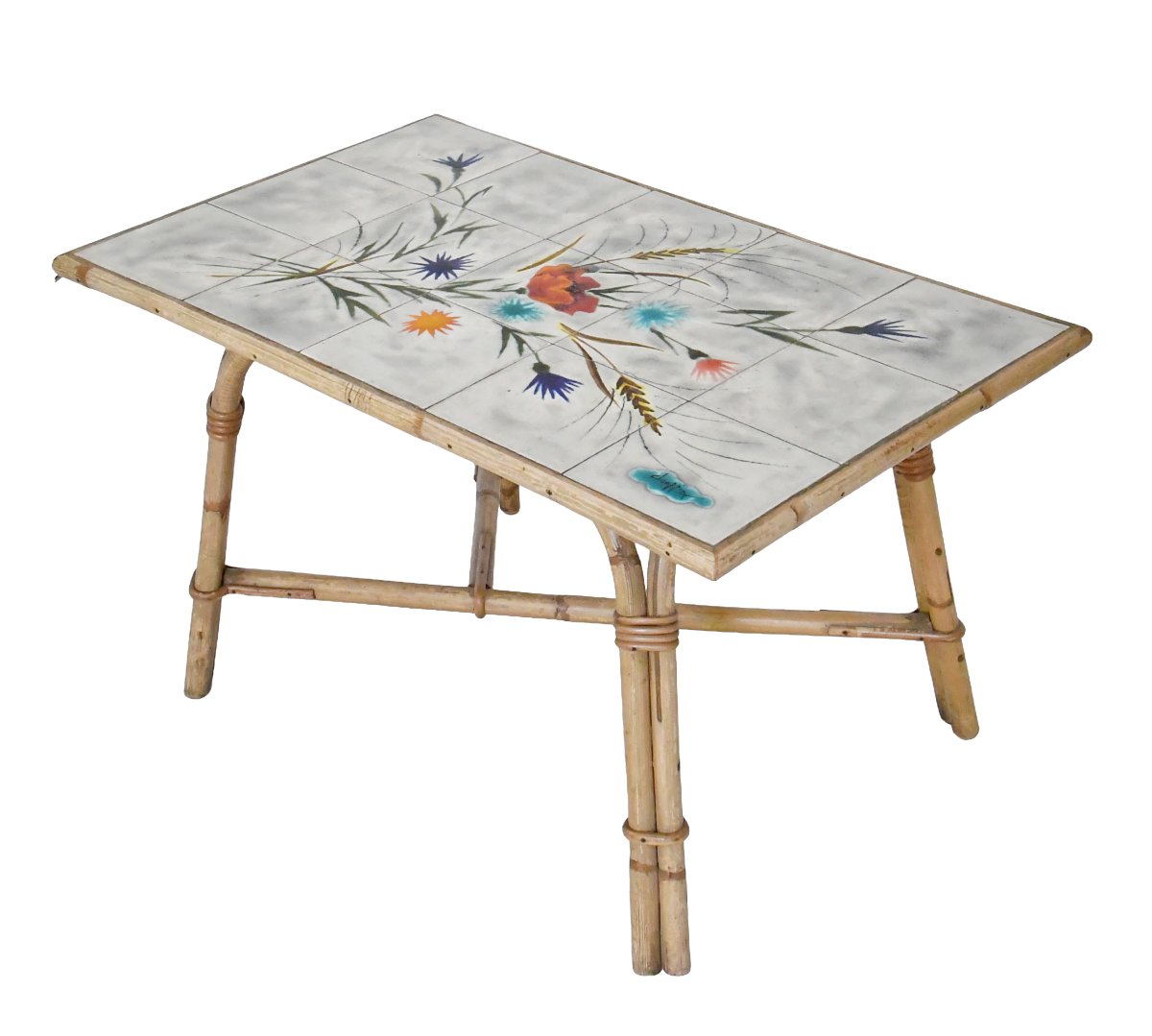 Audoux Minnet-style Coffee Table In Rattan And Ceramic By Georges Chassin  