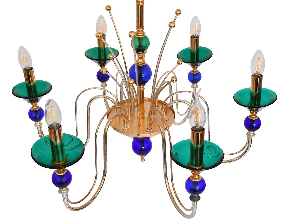 Six-arm Chandelier Made Of Multicolored Murano Art Glass In The Style Of Gio Ponti -photo-3
