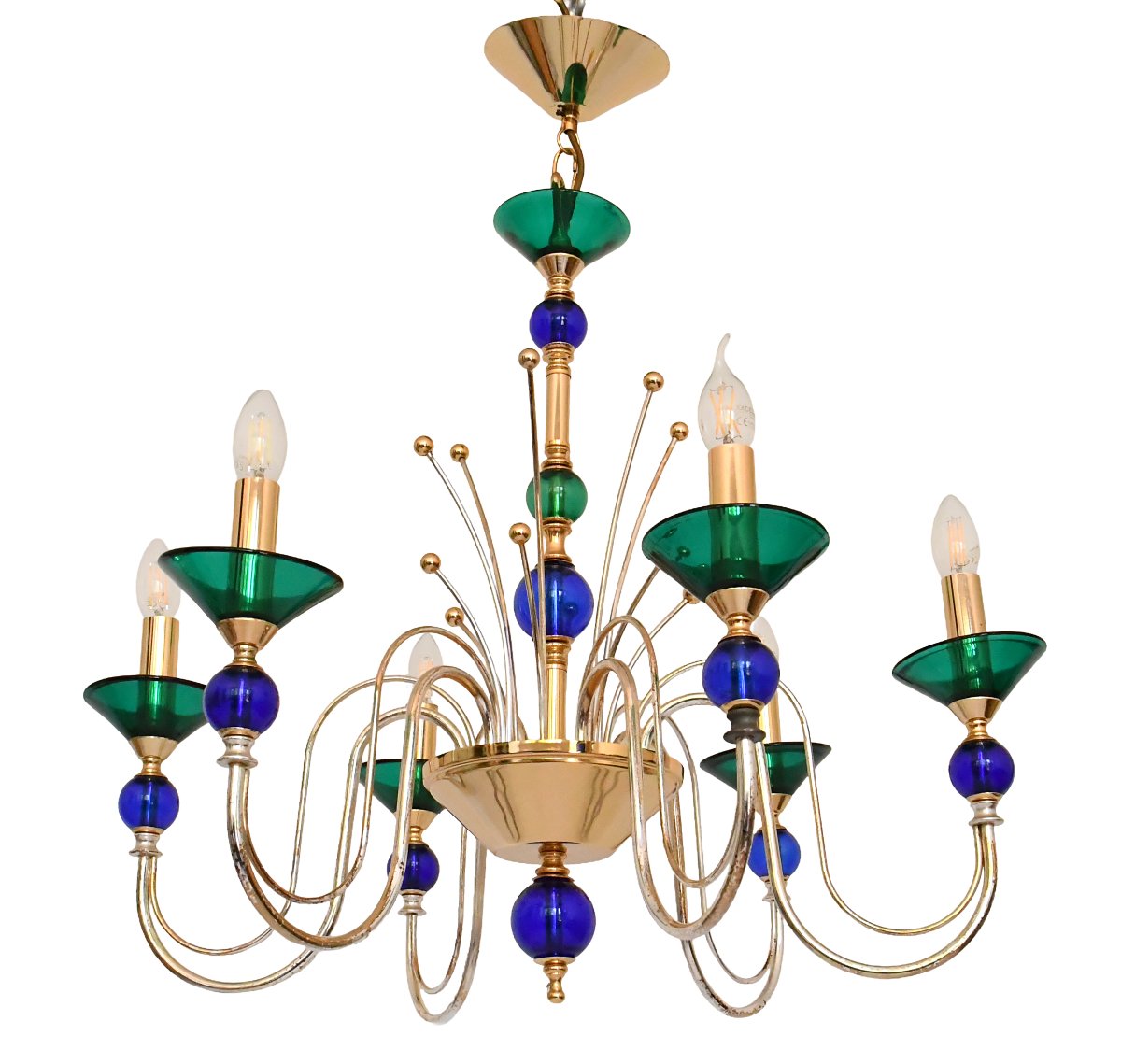 Six-arm Chandelier Made Of Multicolored Murano Art Glass In The Style Of Gio Ponti 