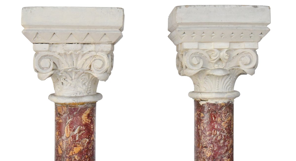 Pair Of Columns Made Of Brocatelle Marble And Stone With Corinthian Capitals-photo-5