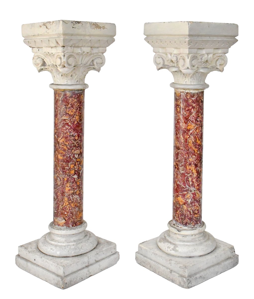 Pair Of Columns Made Of Brocatelle Marble And Stone With Corinthian Capitals