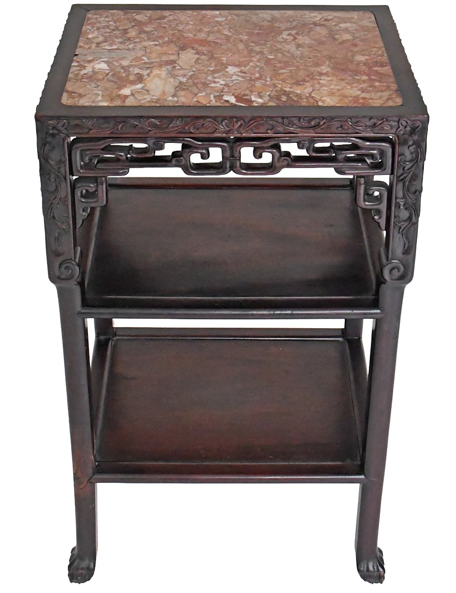 Table d'appoint Chine en bois sculptée et marbre -photo-2