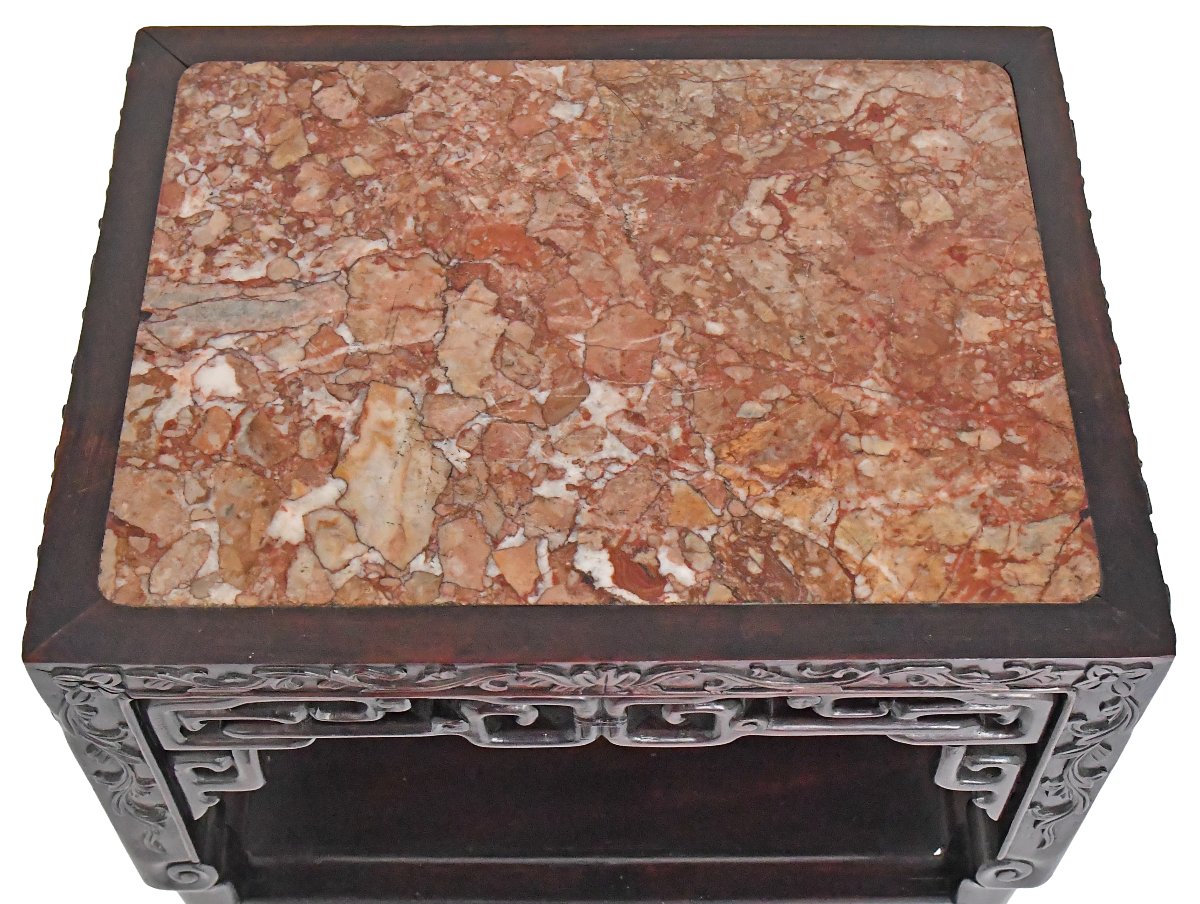 Table d'appoint Chine en bois sculptée et marbre -photo-3