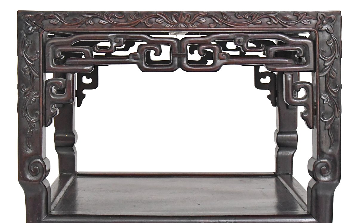 Table d'appoint Chine en bois sculptée et marbre -photo-4