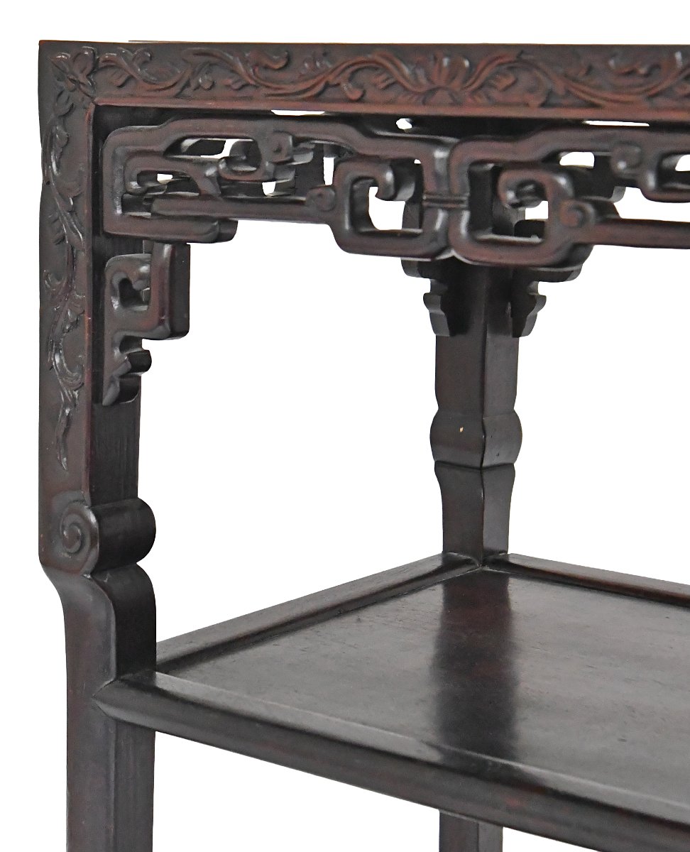 Table d'appoint Chine en bois sculptée et marbre -photo-3