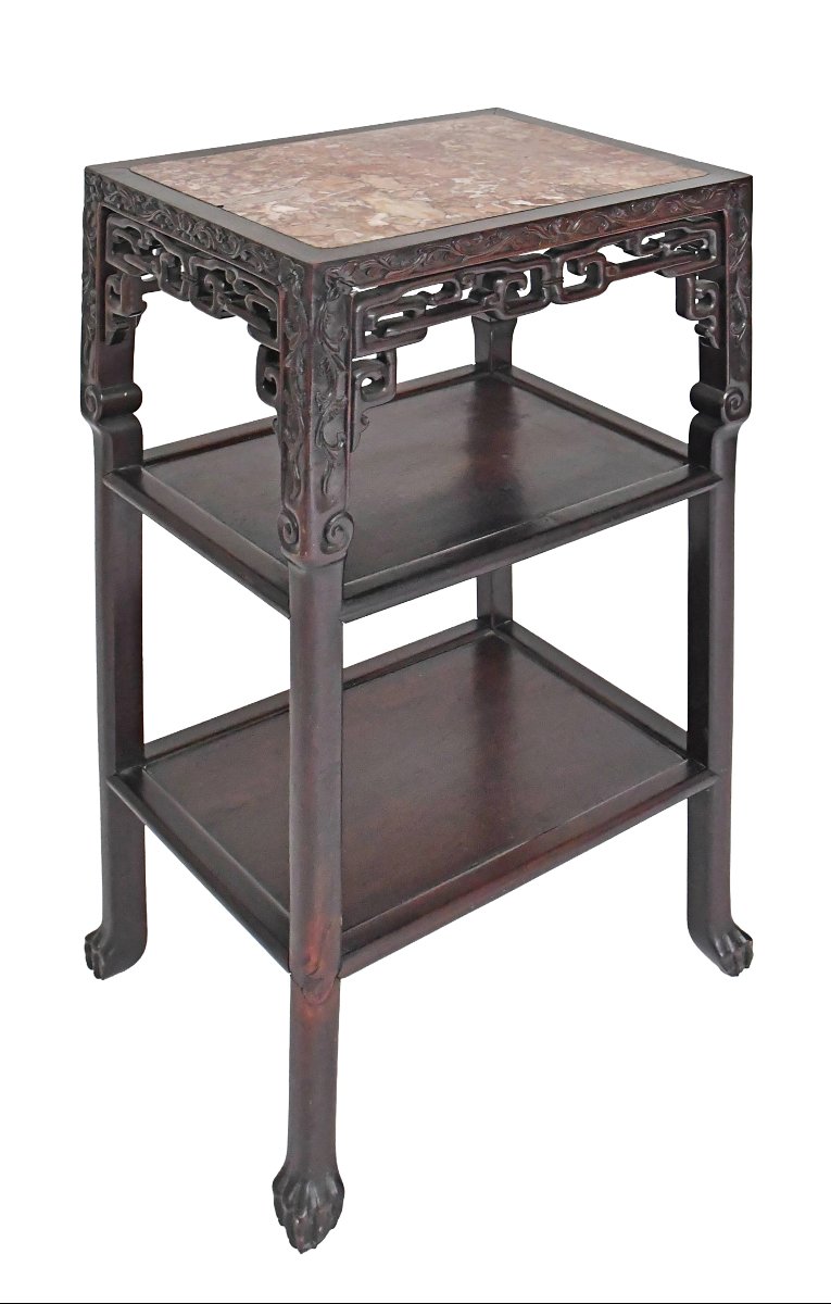 Table d'appoint Chine en bois sculptée et marbre -photo-6