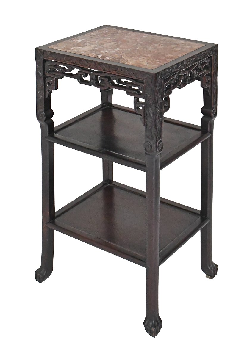 Table d'appoint Chine en bois sculptée et marbre 