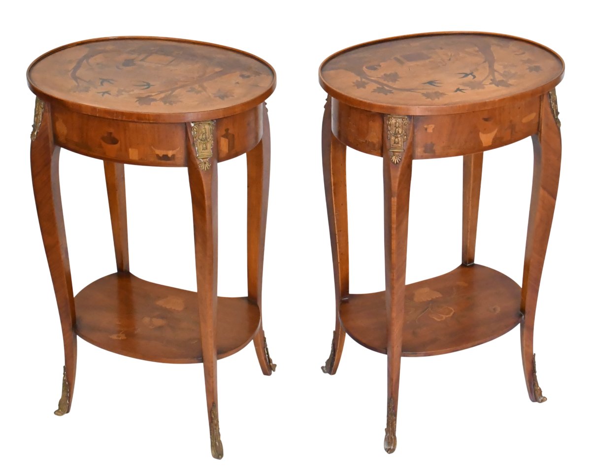 Pair Of Transition-style Nightstands With Marquetry, In The Style Of Charles Topino-photo-3