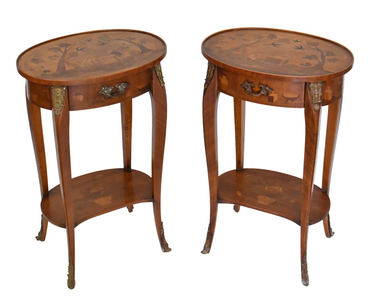 Pair Of Transition-style Nightstands With Marquetry, In The Style Of Charles Topino