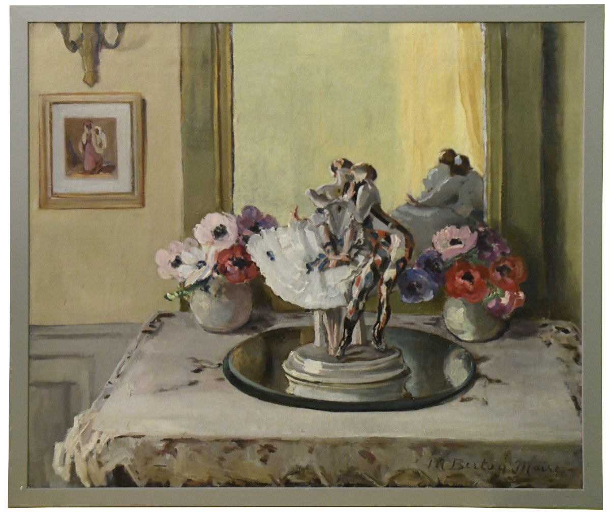 Marie Berton-maire (1894-1975) Scène d'Intérieur Avec Un Groupe En Porcelaine De Meissen