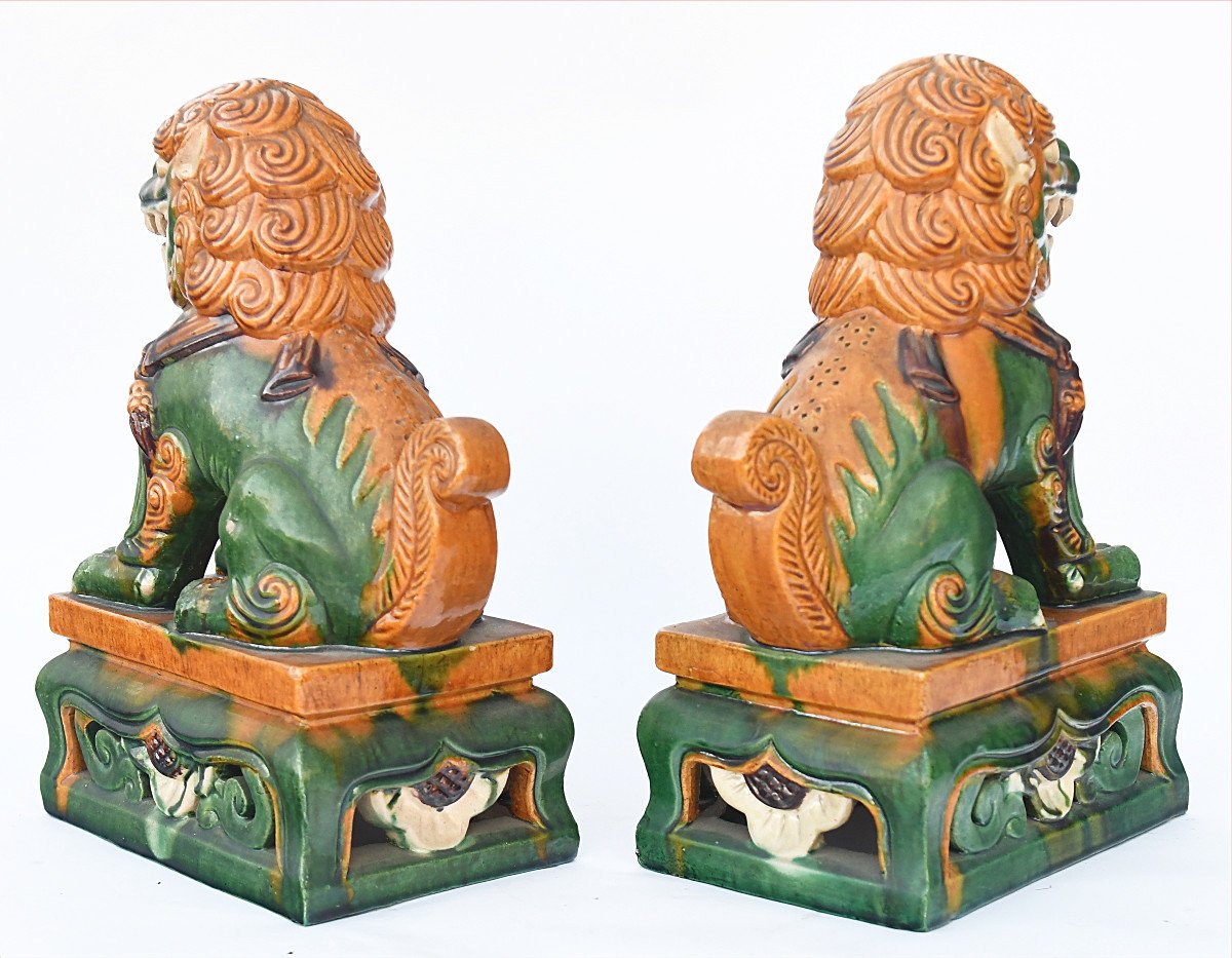 Pair Of Fô Dogs In Glazed Ceramic-photo-3