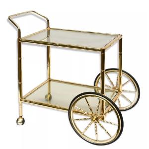 Vintage Bamboo-style Brass And Glass Trolley On Wheels