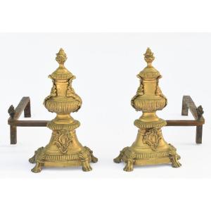 Pair Of Andirons In Gilt Bronze