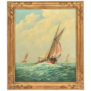 L. Boulnois (20th Century) Sailboats At Sea Oil On Canvas