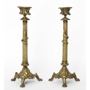 Pair Of Gilded Bronze Candlesticks Decorated With A Snake