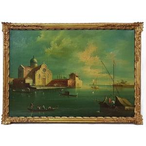 École italienne du XXe siècle "Gondoliers à Venise" Huile sur toile  