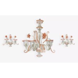 Chandelier With Its Pair Of Murano Glass Sconces