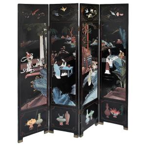 Four-leaf Screen In Lacquered Wood With Coromandel Decoration Showing A Court Scene 