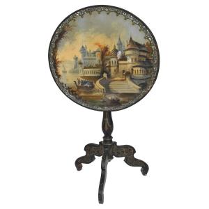 Napoleon III Period Pedestal Table In Blackened Wood With Painted Burgundy Decoration 