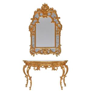 Console Table With Mirror In Gilded And Richly Carved Wood In Rocaille Style 
