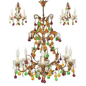 Cage Chandelier With Two Wall Sconces Decorated With Foliage And Murano Glass Pendants