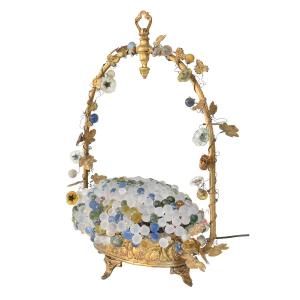 Cesare Toso Table Lamp In The Shape Of A Basket Filled With Murano Glass Grape Bunches