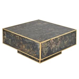 Square Coffee Table In Marbled Glass With "solar Eruption" Decor 