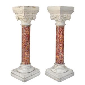 Paire de colonnes en marbre Brocatelle et pierre avec chapiteau corinthien