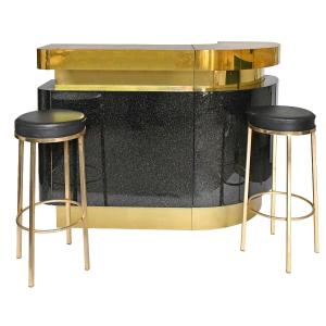 Black Lacquer And Gilded Brass Bar With Two Stools By J.c. Mahey For Maison Romeo Paris
