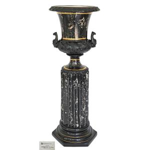  Tommaso Barbi pour B. Ceramiche - Important vase avec sa colonne en céramique imitant marbre 