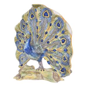 Peacock-shaped Desvres Earthenware Bouquetière Made By The Jules Verlingue Workshop