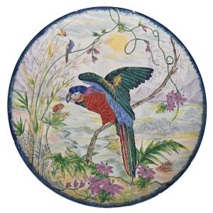 Large Earthenware Dish Decorated With A Parrot Sitting On A Branch
