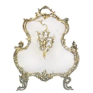 Louis XV-style Gilded Bronze Fireplace Screen Decorated With A Cupid