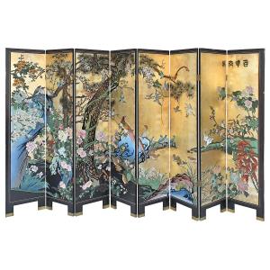 Large 8-panel Lacquered Screen With A Gold Background, Decorated With Flowers And Birds