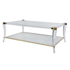 Table basse à deux niveaux en lucite (altuglas) et métal doré