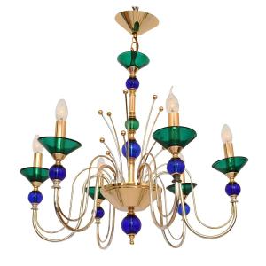 Six-arm Chandelier Made Of Multicolored Murano Art Glass In The Style Of Gio Ponti